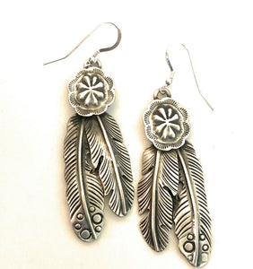 Navajo Sterling Silver Stamped Feather Concho Dangle Earrings