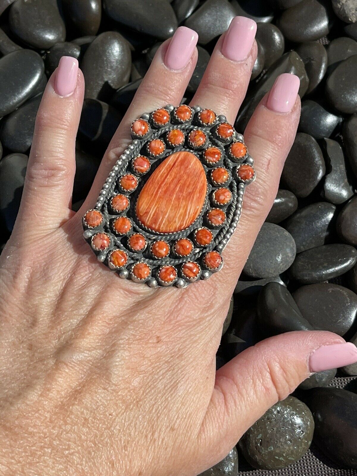 Navajo Sterling Silver Orange Spiny Cluster Jumbo Ring Sz 7.5