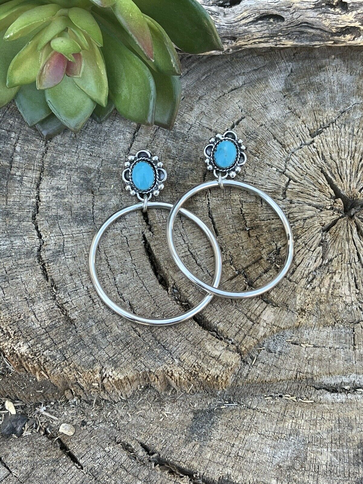 Navajo Turquoise & Sterling Silver Dangle Hoop Earrings