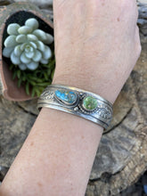 Load image into Gallery viewer, Navajo Sterling Sonoran Gold &amp; Golden Hills Turquoise 2 Stone Cuff Bracelet