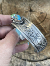 Load image into Gallery viewer, Navajo Sterling Sonoran Gold &amp; Golden Hills Turquoise 2 Stone Cuff Bracelet