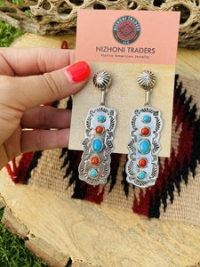 Navajo Natural Coral and Turquoise Cluster Post Earrings