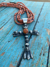 Load image into Gallery viewer, Navajo Sterling Silver &amp; Orange Spiny Shell  Cross Pendant Chimney Butte