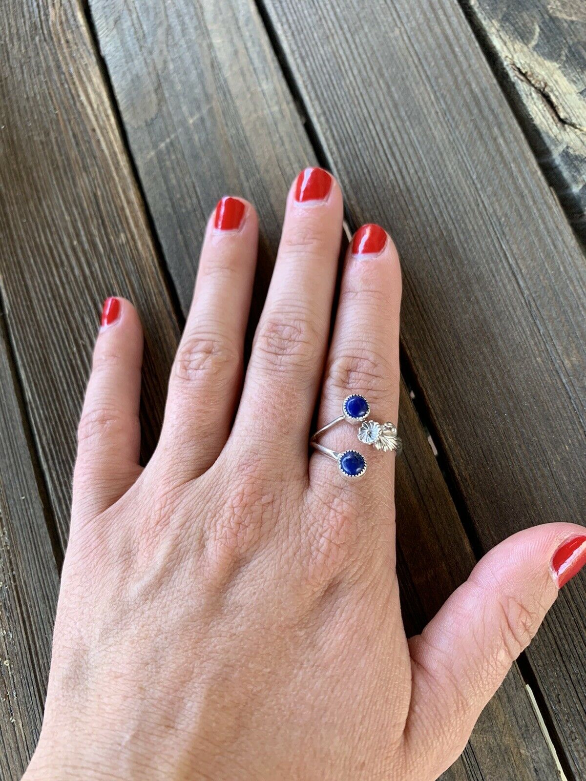 Navajo Lapis Sterling Silver Adjustable Flower Ring