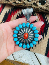 Load image into Gallery viewer, Navajo Sterling Silver, Turquoise &amp; Red Spiny Pendant Signed
