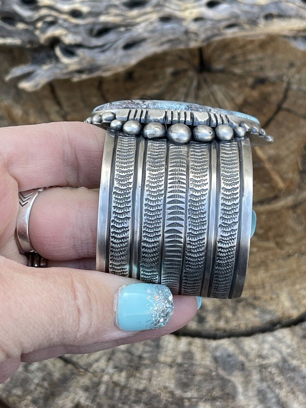 Navajo Handmade Sterling Silver & Number 8 Turquoise Signed Cuff Signed