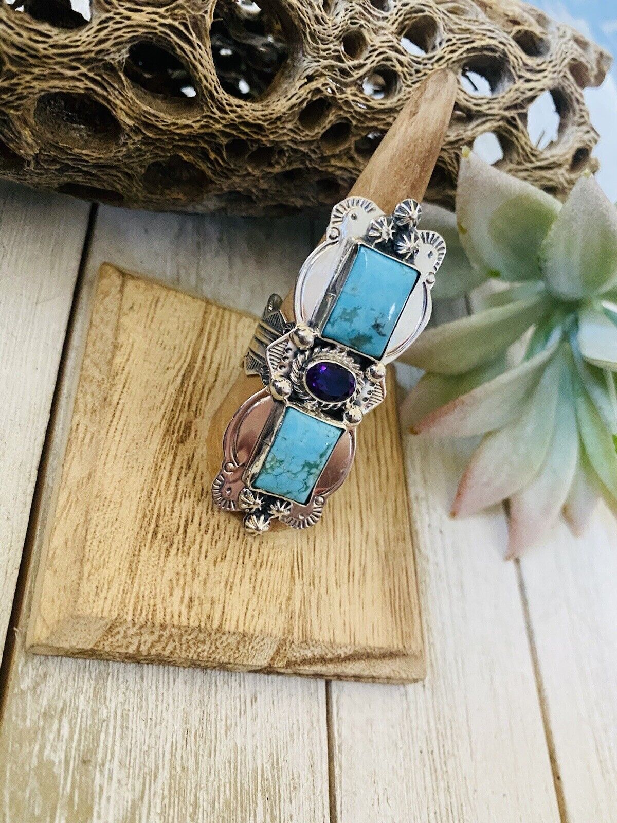 Navajo Kingman Turquoise, Amethyst & Sterling Silver Ring