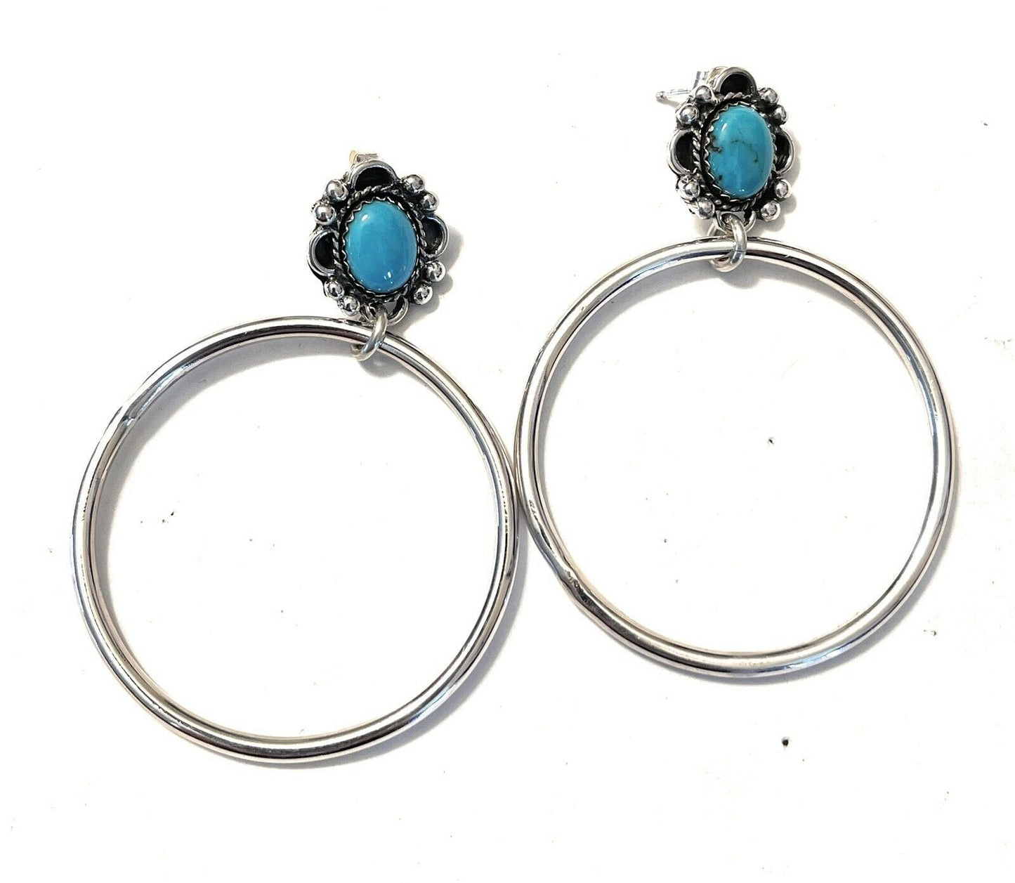 Navajo Turquoise & Sterling Silver Dangle Hoop Earrings