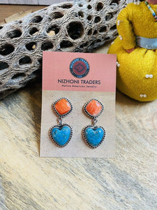 Navajo Sterling Silver, Orange Spiny & Turquoise Heart Dangle Earrings