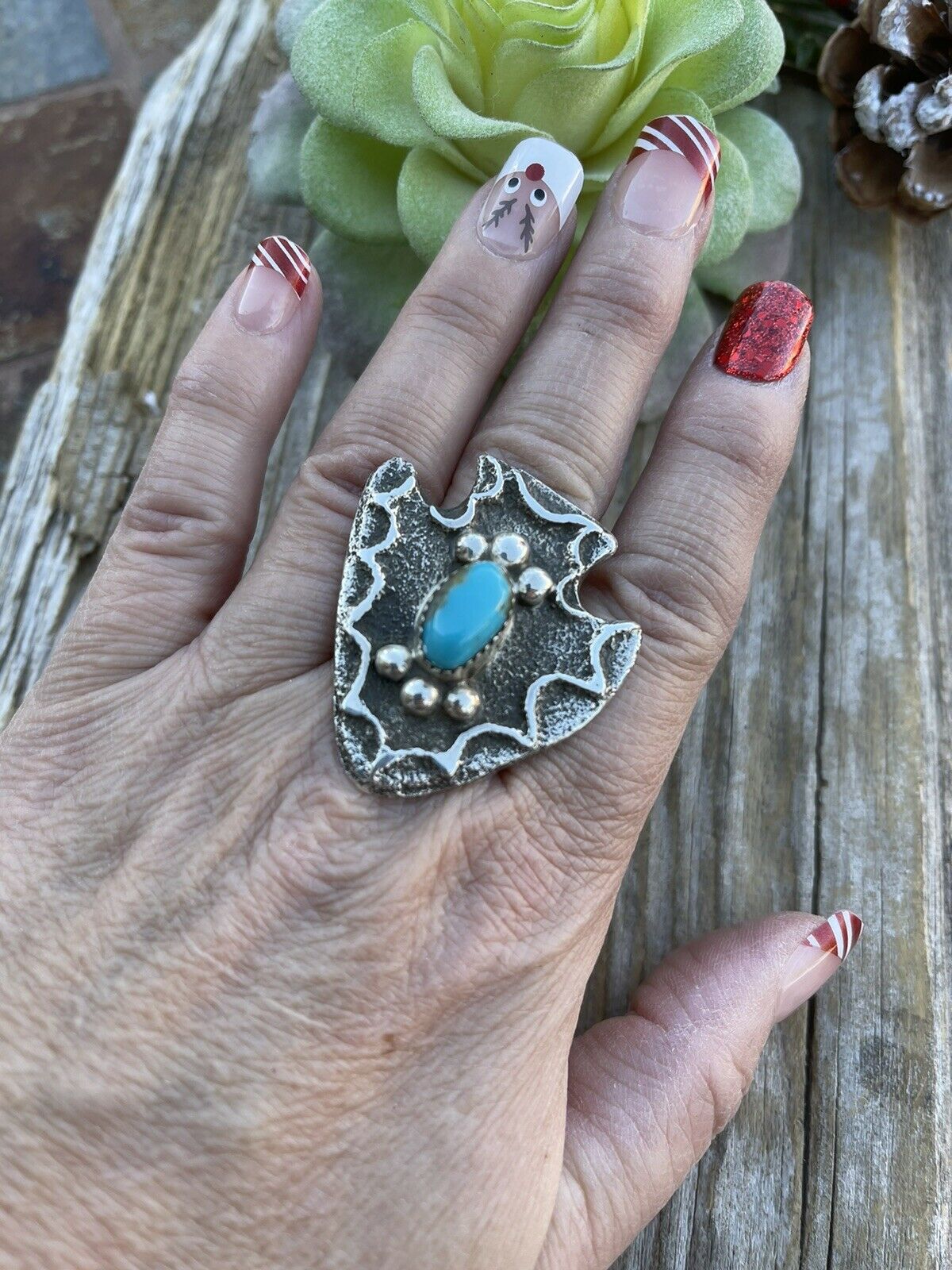 Navajo Sand Cast Arrow Turquoise Sterling Silver Ring Size 9 Signed