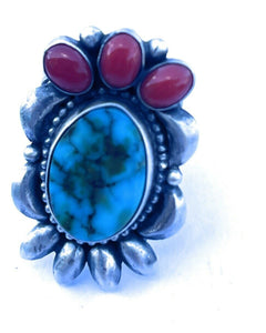 Navajo Sterling Kingman Web Turquoise & Red Coral Taos Collection Ring Sz 6