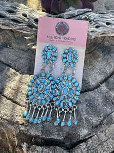 Stunning Navajo Sleeping Beauty Turquoise Sterling Cluster Dangle Earrings Artist LMB