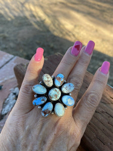 Navajo Sterling Golden Hills Turquoise Cluster Ring Size Adjustable