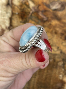Navajo Larimar Sterling Silver Southwest Rope Style Ring Size 8.5