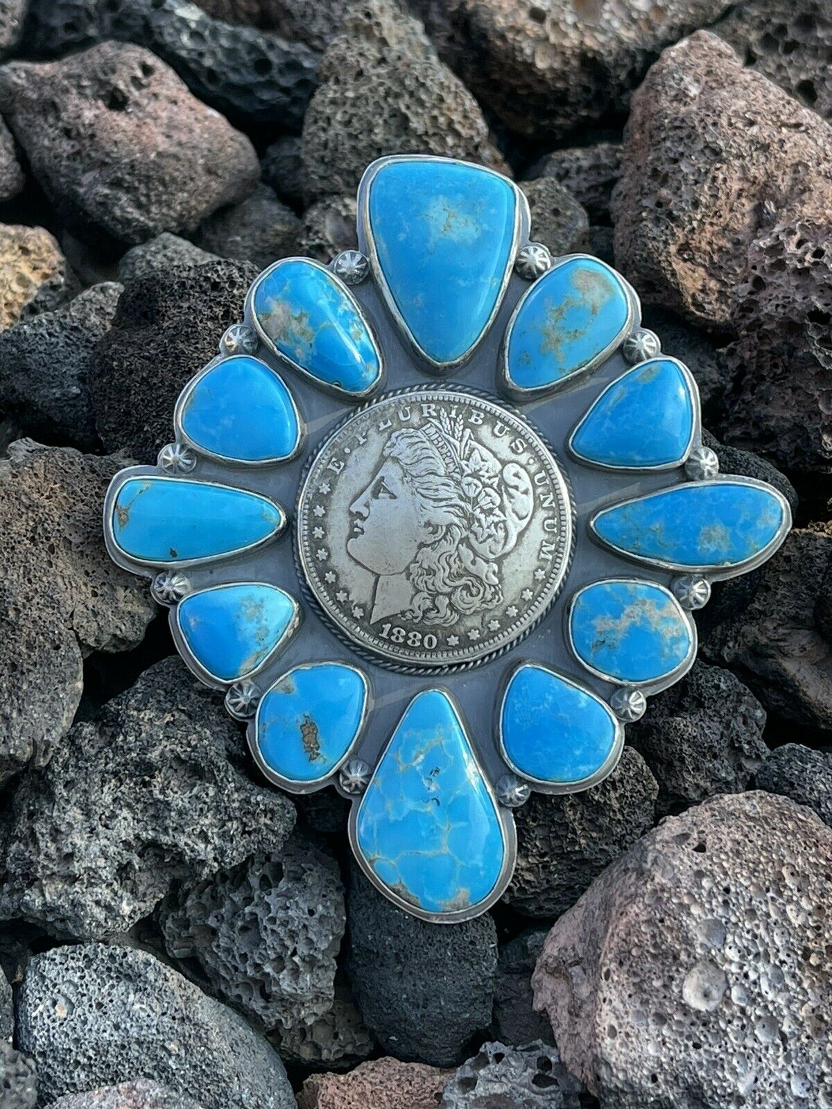 Gorgeous Navajo Sterling Silver Coin & Kingman Turquoise Adjustable Ring