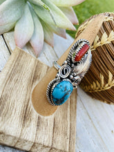 Load image into Gallery viewer, Navajo Turquoise, Coral &amp; Sterling Silver Ring Size 5.5