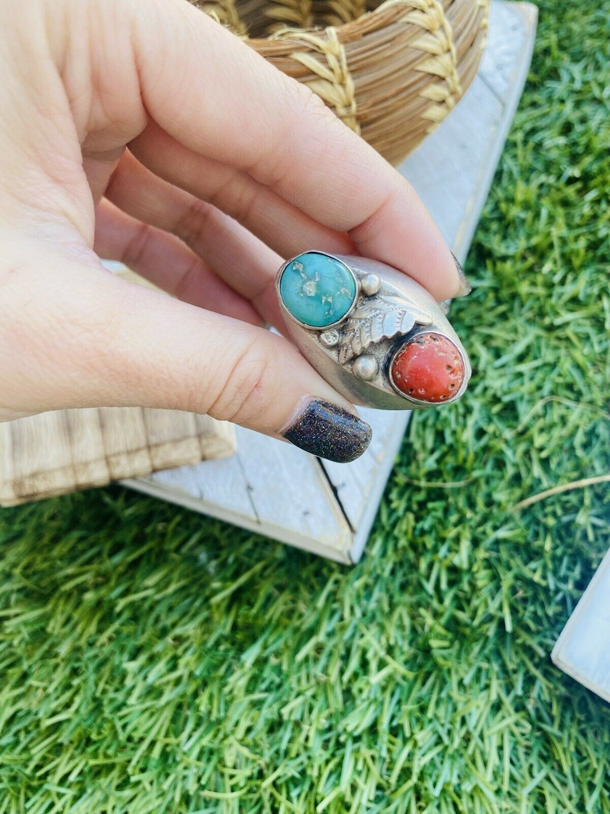 Vintage Navajo Sterling Silver, Turquoise & Coral Ring Size 10