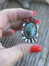Load image into Gallery viewer, Navajo Sterling Kingman Web Turquoise &amp; Red Coral Taos Collection Ring Sz 6.5