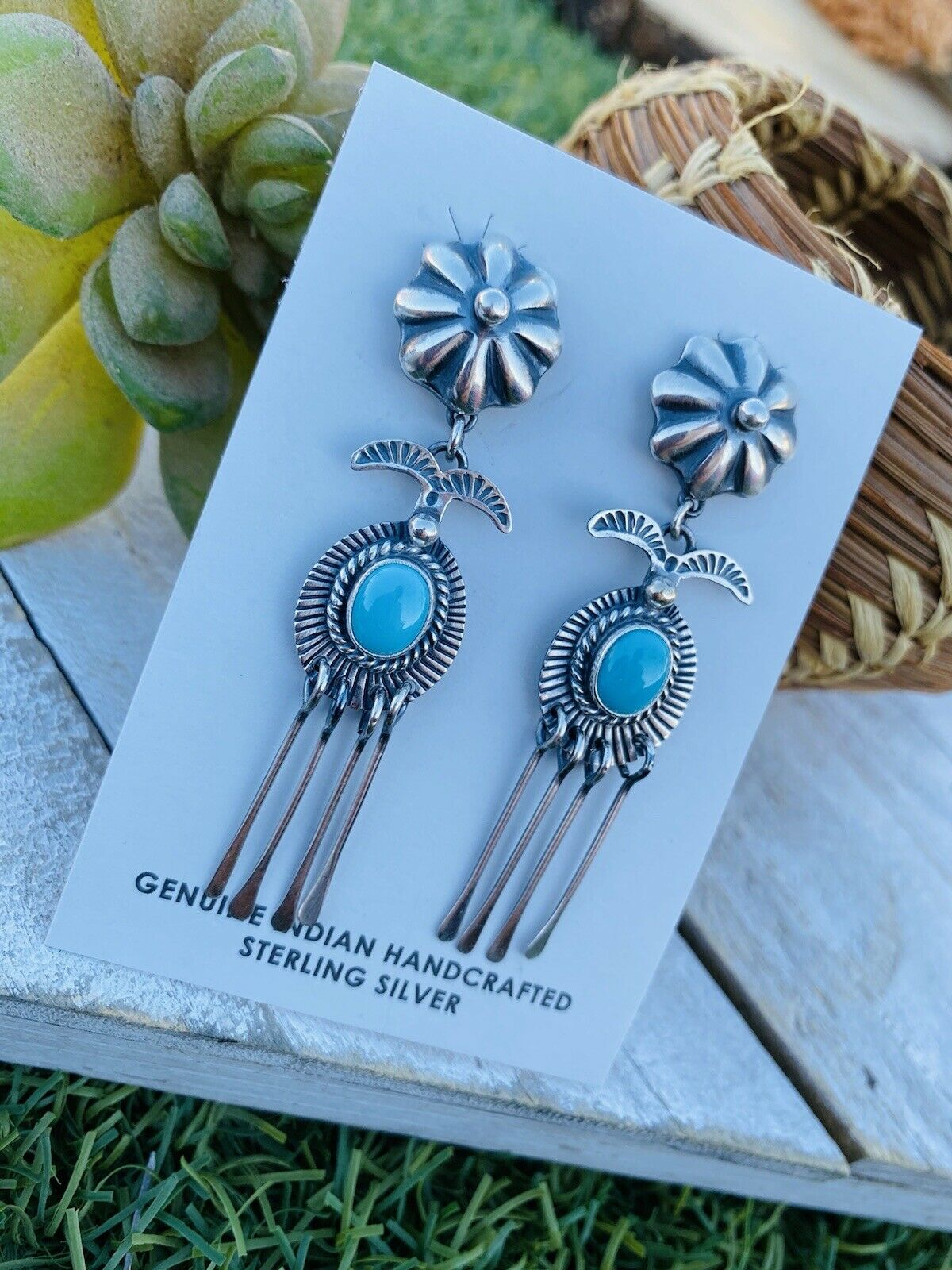 Navajo Turquoise & Sterling Silver Concho Dangle Earrings