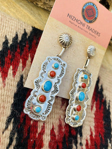 Navajo Natural Coral and Turquoise Cluster Post Earrings