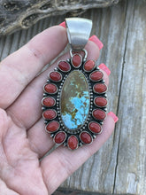 Load image into Gallery viewer, Navajo Sterling Silver Kingman Web Turquoise &amp; Red Coral Taos Cluster Pendant
