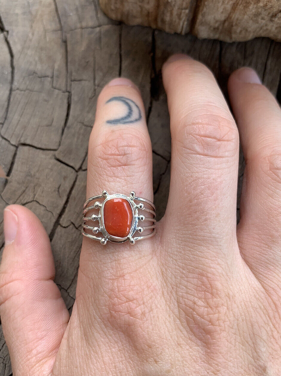 Navajo Natural Coral & Sterling Silver Ring