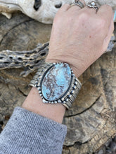 Load image into Gallery viewer, Navajo Handmade Sterling Silver &amp; Number 8 Turquoise Signed Cuff Signed