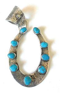 Navajo Sterling Silver & Kingman Turquoise Horse Shoe Pendant Signed