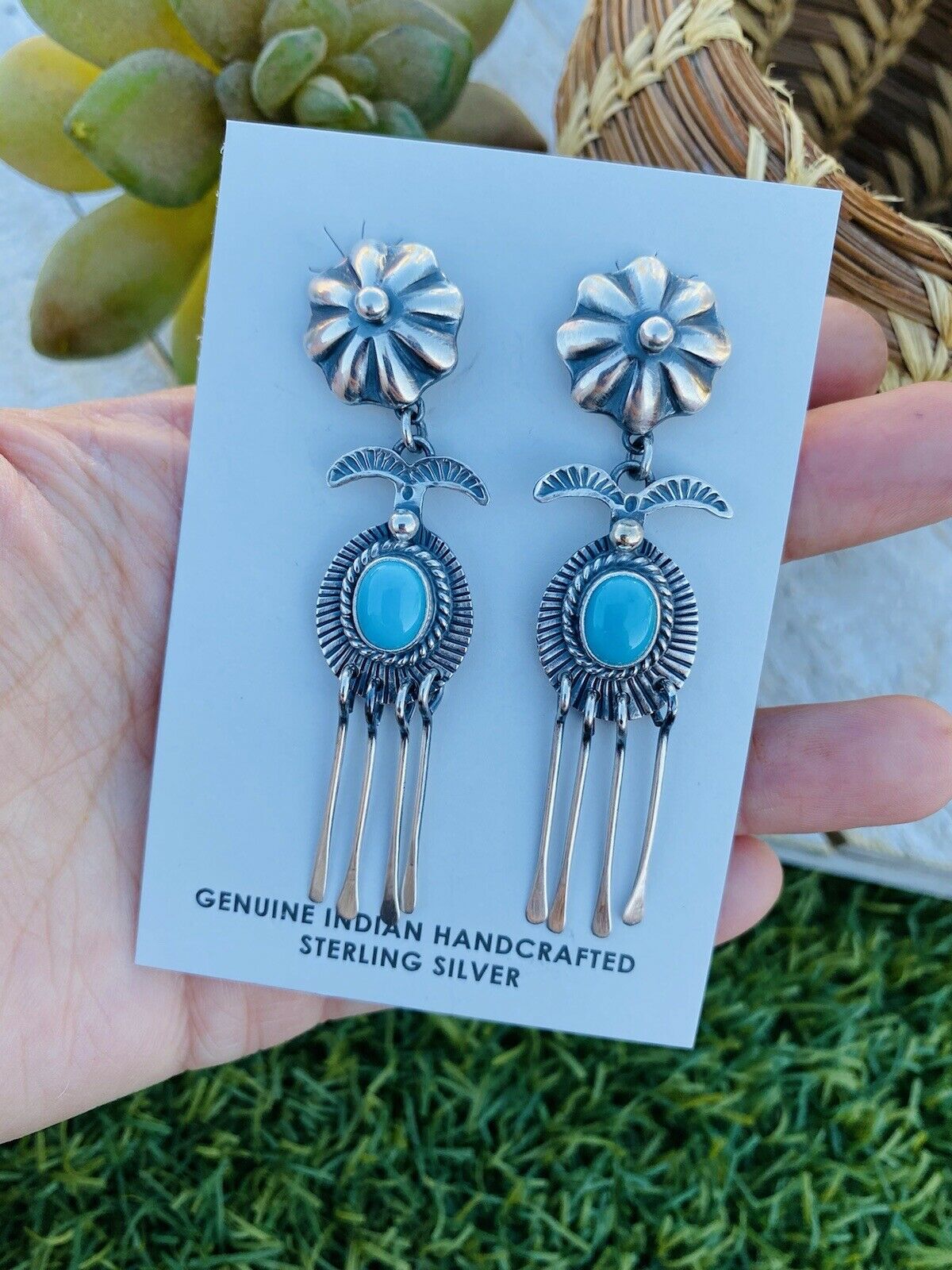 Navajo Turquoise & Sterling Silver Concho Dangle Earrings