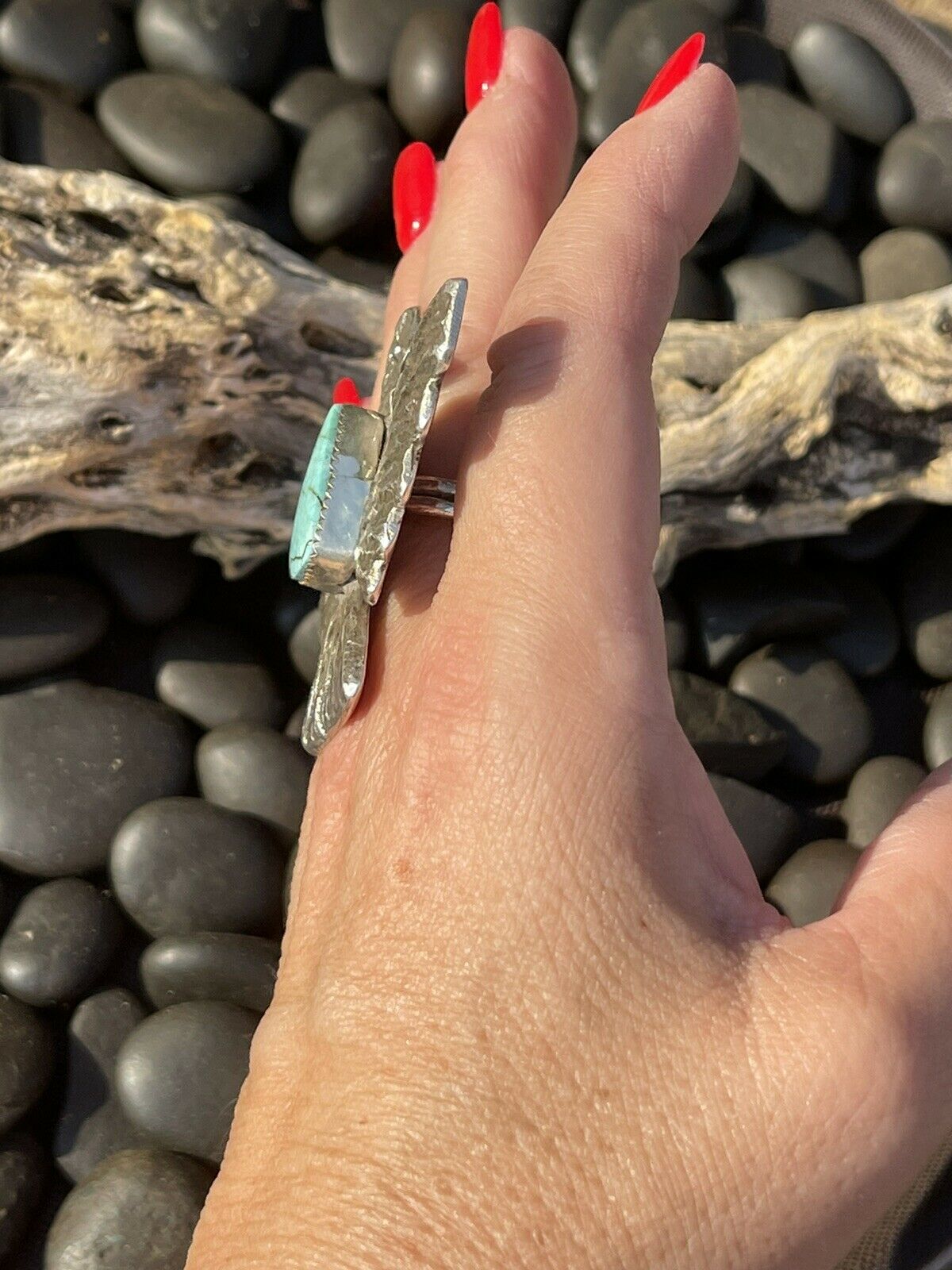 Navajo Turquoise Sterling Tufa Cast Thund Ring Signed Delbert Arviso