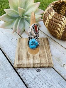 Navajo Turquoise, Coral & Sterling Silver Ring Size 5