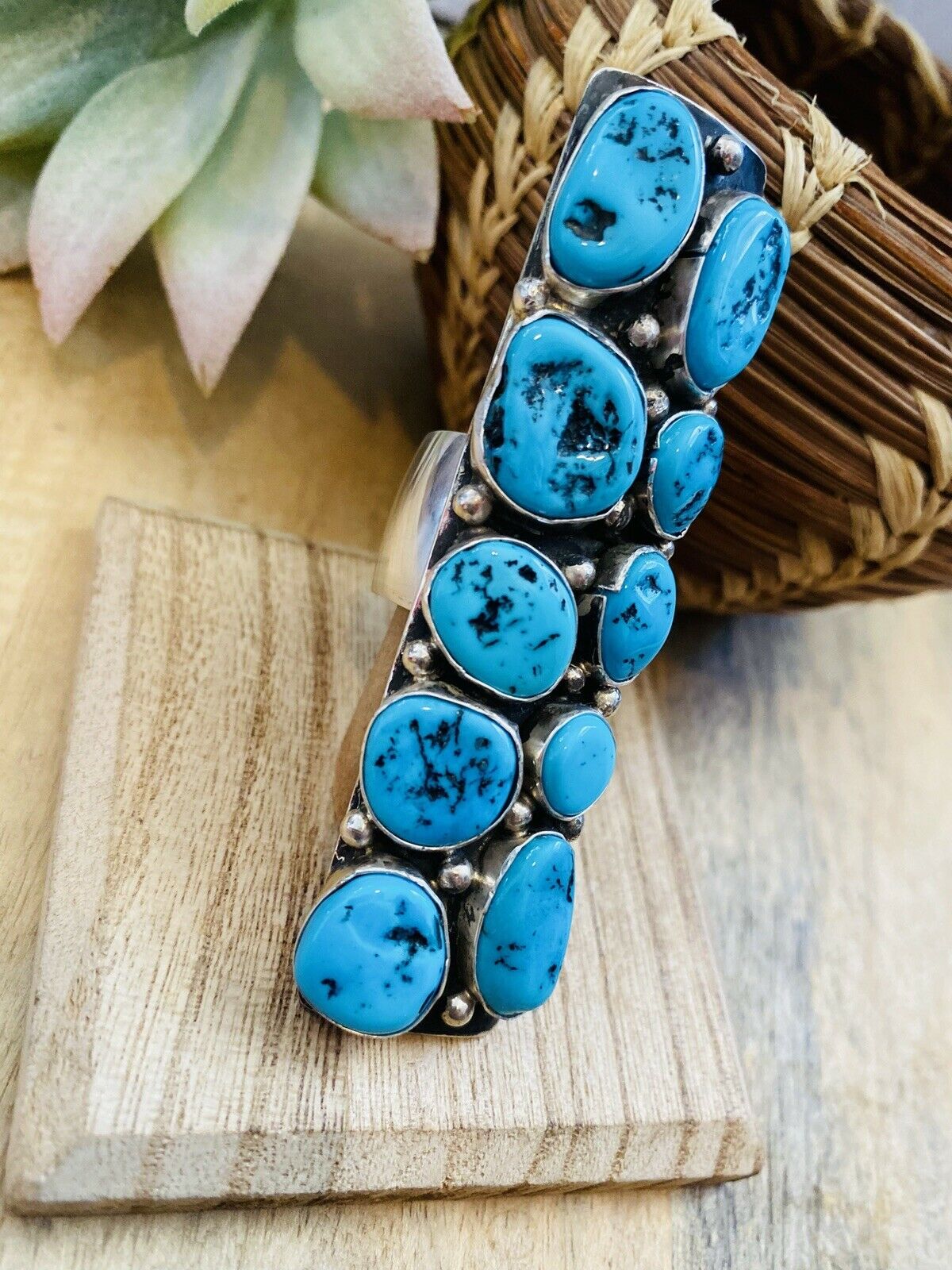 Navajo Sleeping Beauty Turquoise & Sterling Silver Ring Signed Size 8.5