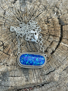 Navajo Sterling Silver & Iridescent Blue  Oval Opal  Sleek Pendant Necklace