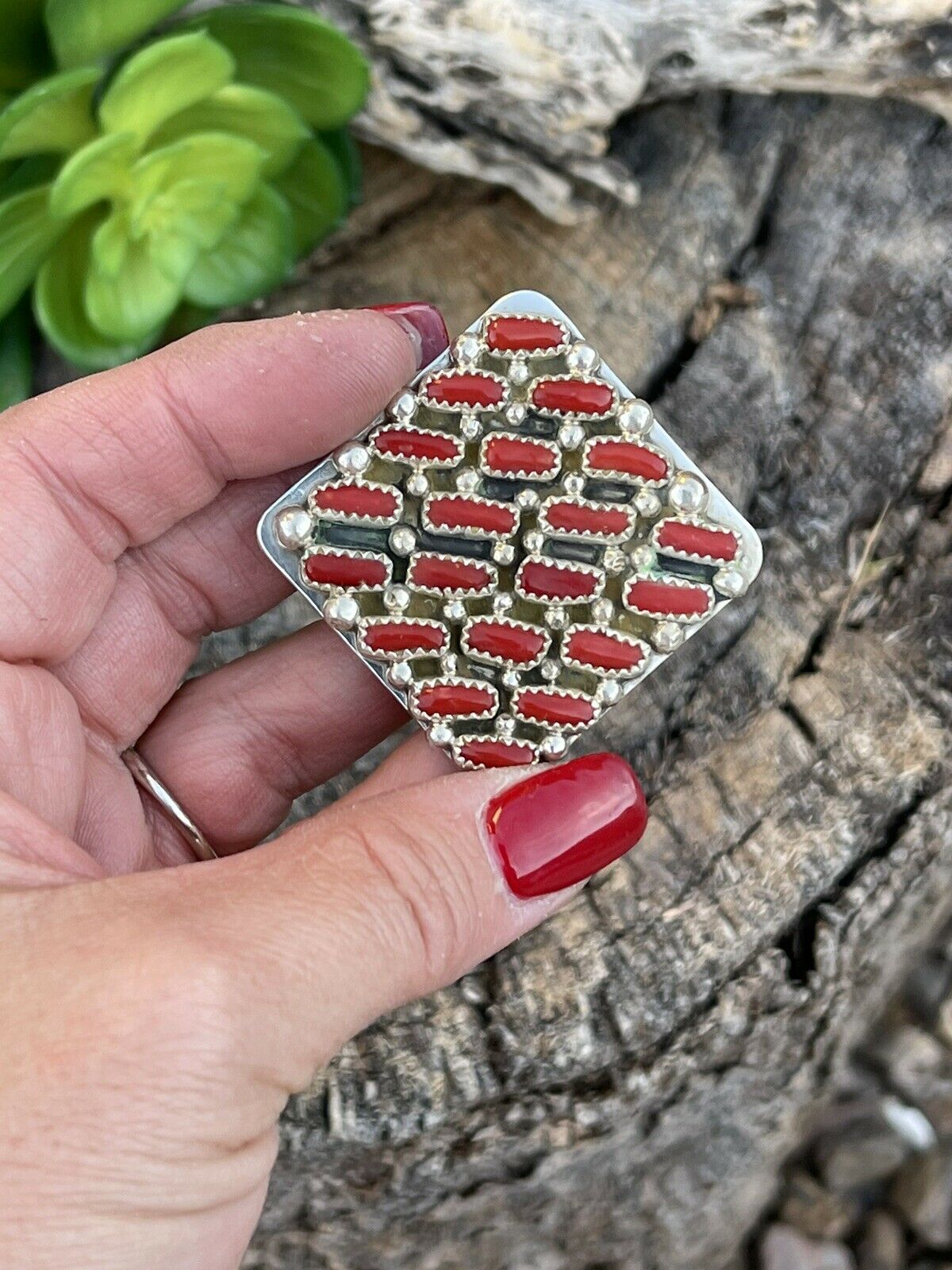 Navajo Sterling Silver Square Platform Red Coral Ring Sz 8