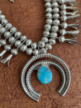 Load image into Gallery viewer, Vintage Navajo 1970’s Kingman Turquoise &amp; Sterling Squash Blossom Necklace