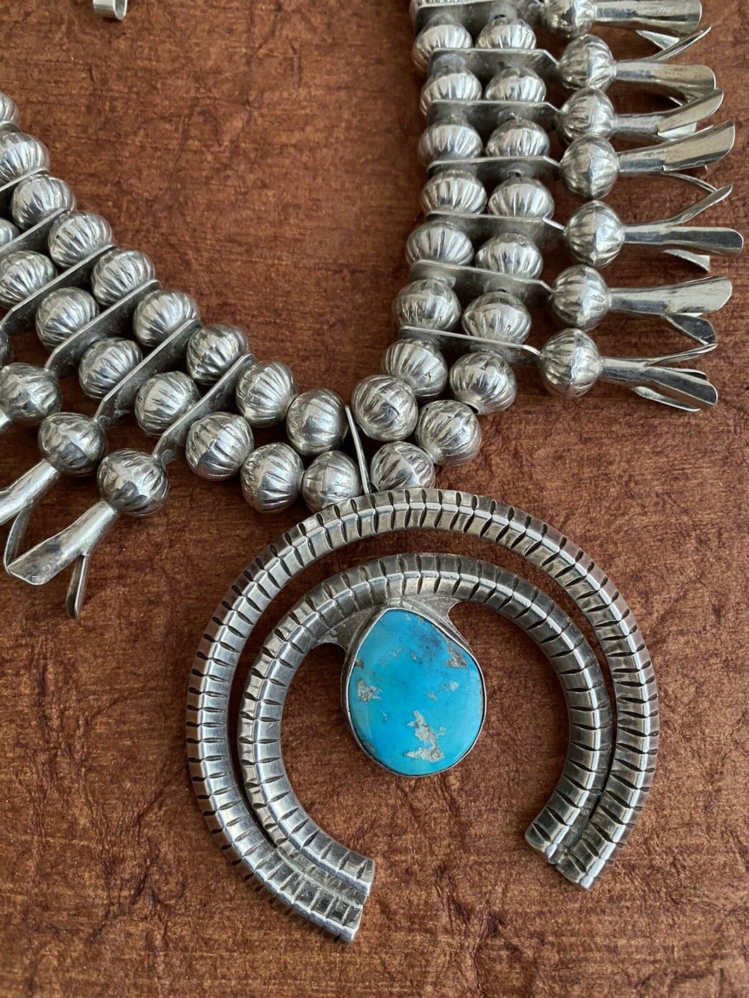Vintage Navajo 1970’s Kingman Turquoise & Sterling Squash Blossom Necklace