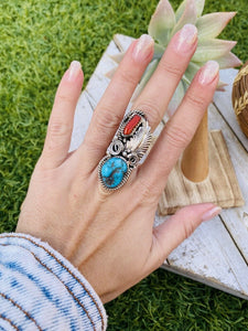 Navajo Turquoise, Coral & Sterling Silver Ring Size 5.5