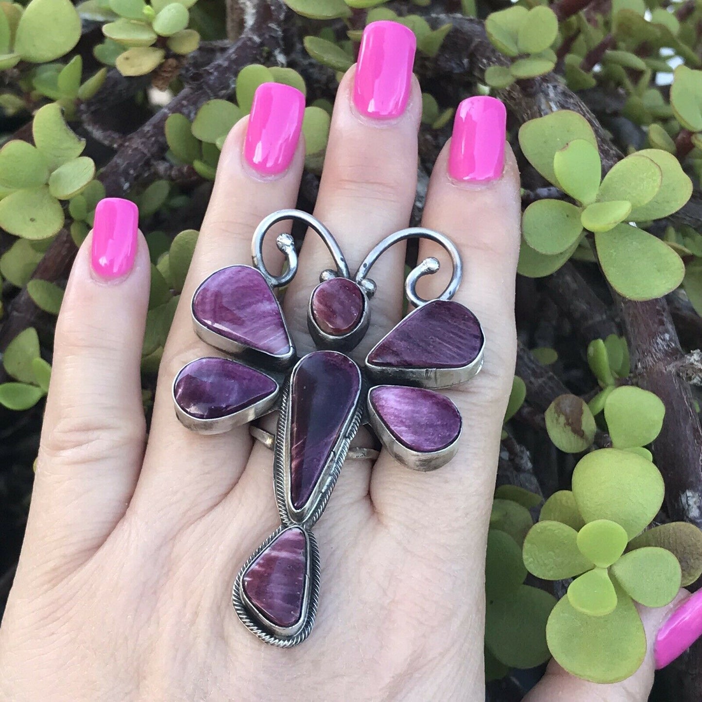 Navajo Sterling Silver Purple Spiny Oyster Dragonfly Ring Sz 6.5