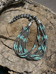 Navajo Sterling Silver & Number 8 Turquoise Beaded 10 Strand Necklace
