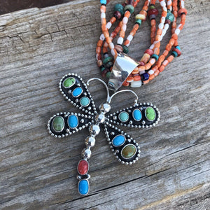 Beautiful Navajo Sterling Silver Multi Stone Dragonfly Pendant Paul Livingston