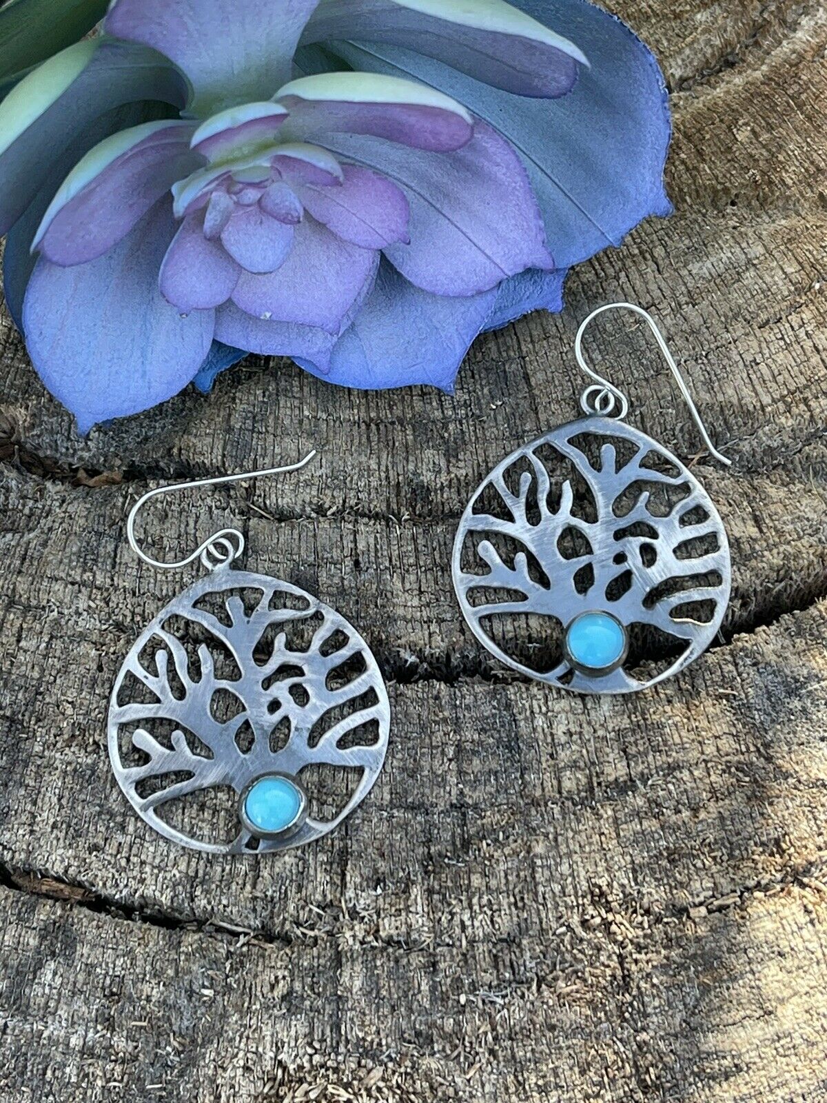 Navajo Sterling Silver Turquoise Tree Of Life Dangle Earrings
