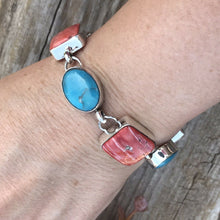 Load image into Gallery viewer, Navajo Turquoise &amp; Orange Spiny Oyster Sterling Silver Link Bracelet Signed