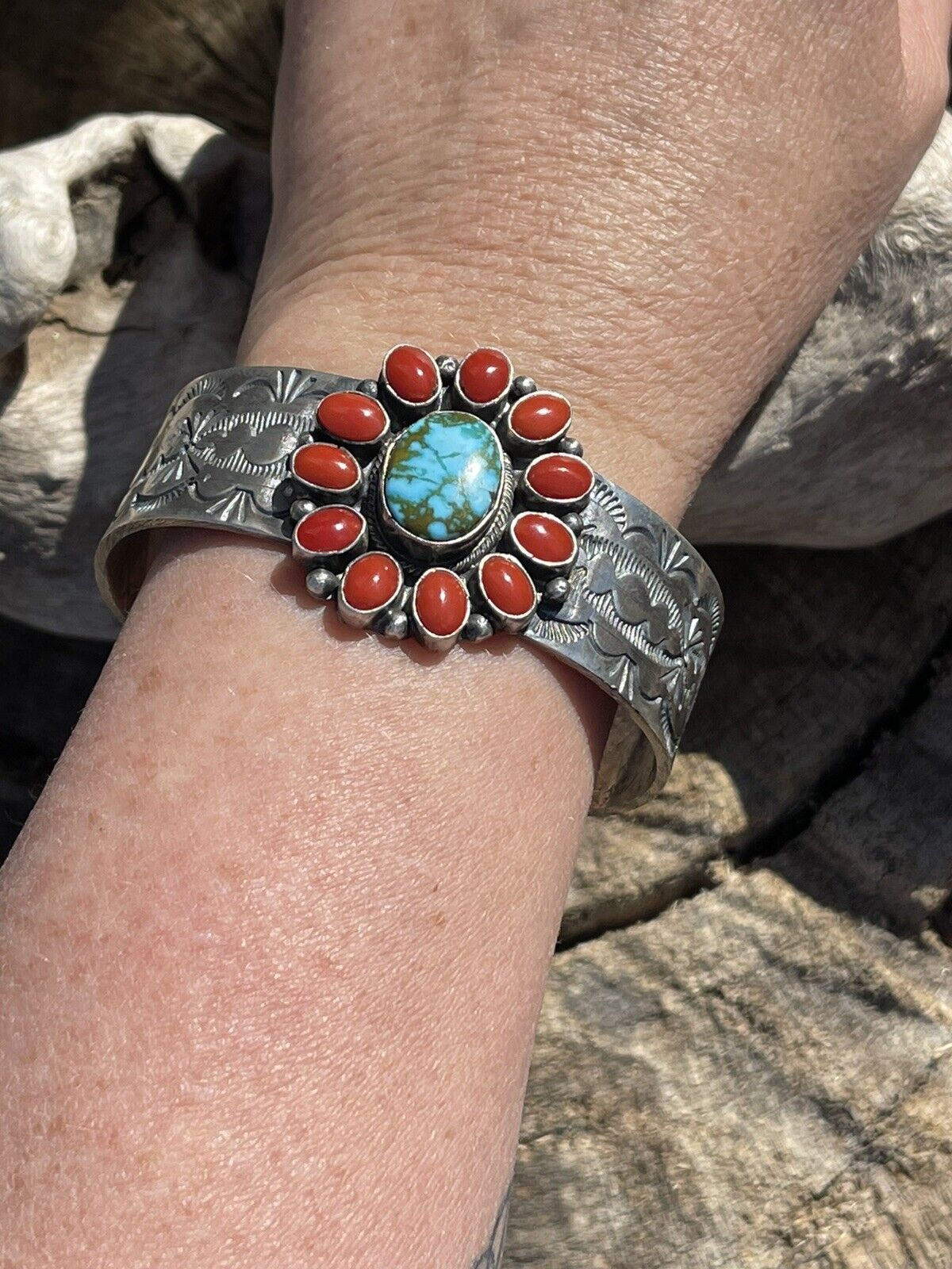 Navajo Sterling Kingman Web Turquoise & Red Coral Taos Bracelet Cuff