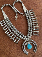 Load image into Gallery viewer, Vintage Navajo 1970’s Kingman Turquoise &amp; Sterling Squash Blossom Necklace