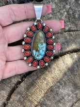 Load image into Gallery viewer, Navajo Sterling Silver Kingman Web Turquoise &amp; Red Coral Taos Cluster Pendant