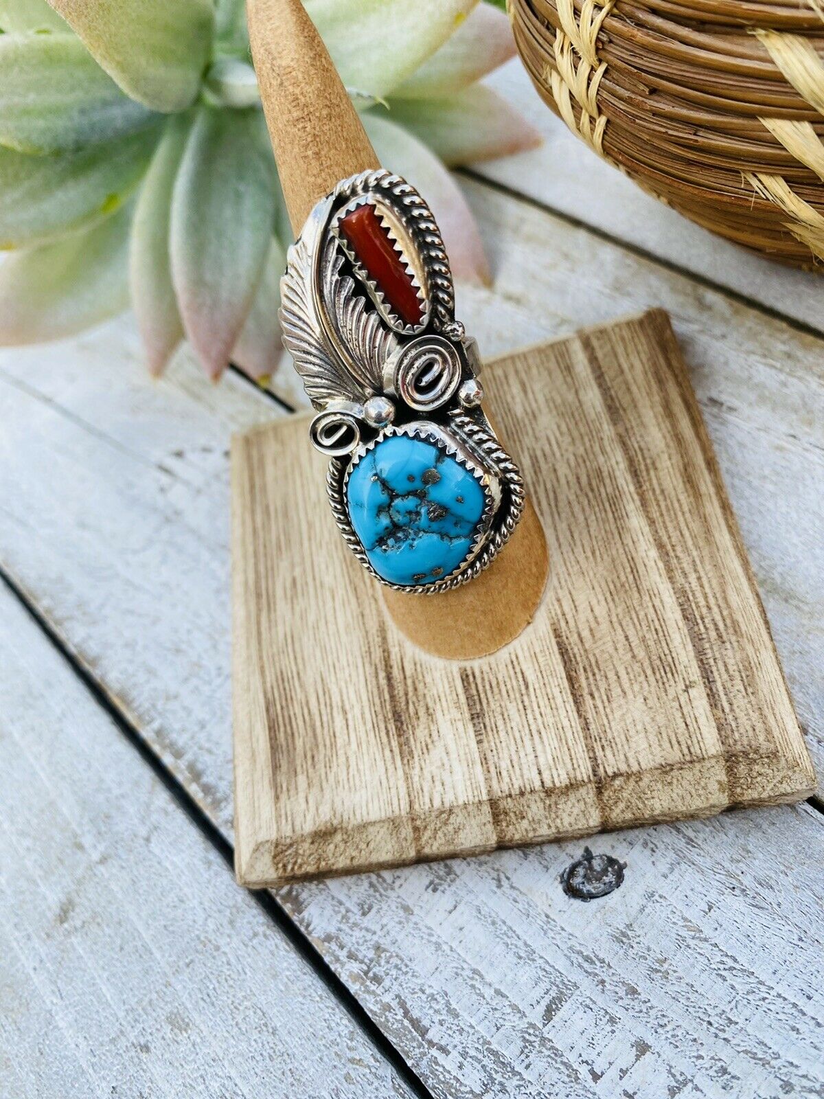 Navajo Turquoise, Coral & Sterling Silver Ring Size 5