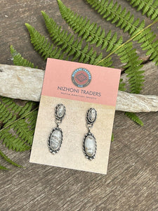 Navajo Sterling Silver & White Buffalo 2 Stone Rope Dangle Earrings