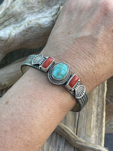 Load image into Gallery viewer, Navajo Sterling Silver Red Coral &amp; Turquoise Bracelet Signed M &amp; R Calladitto