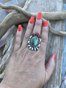 Navajo Sterling Kingman Web Turquoise & Red Coral Taos Collection Ring Sz 6.5