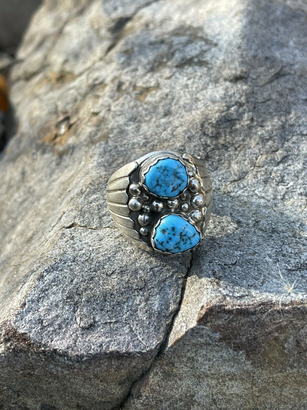 Navajo Sterling Silver & Kingman Turquoise 2 Stone Ring Size 13.5